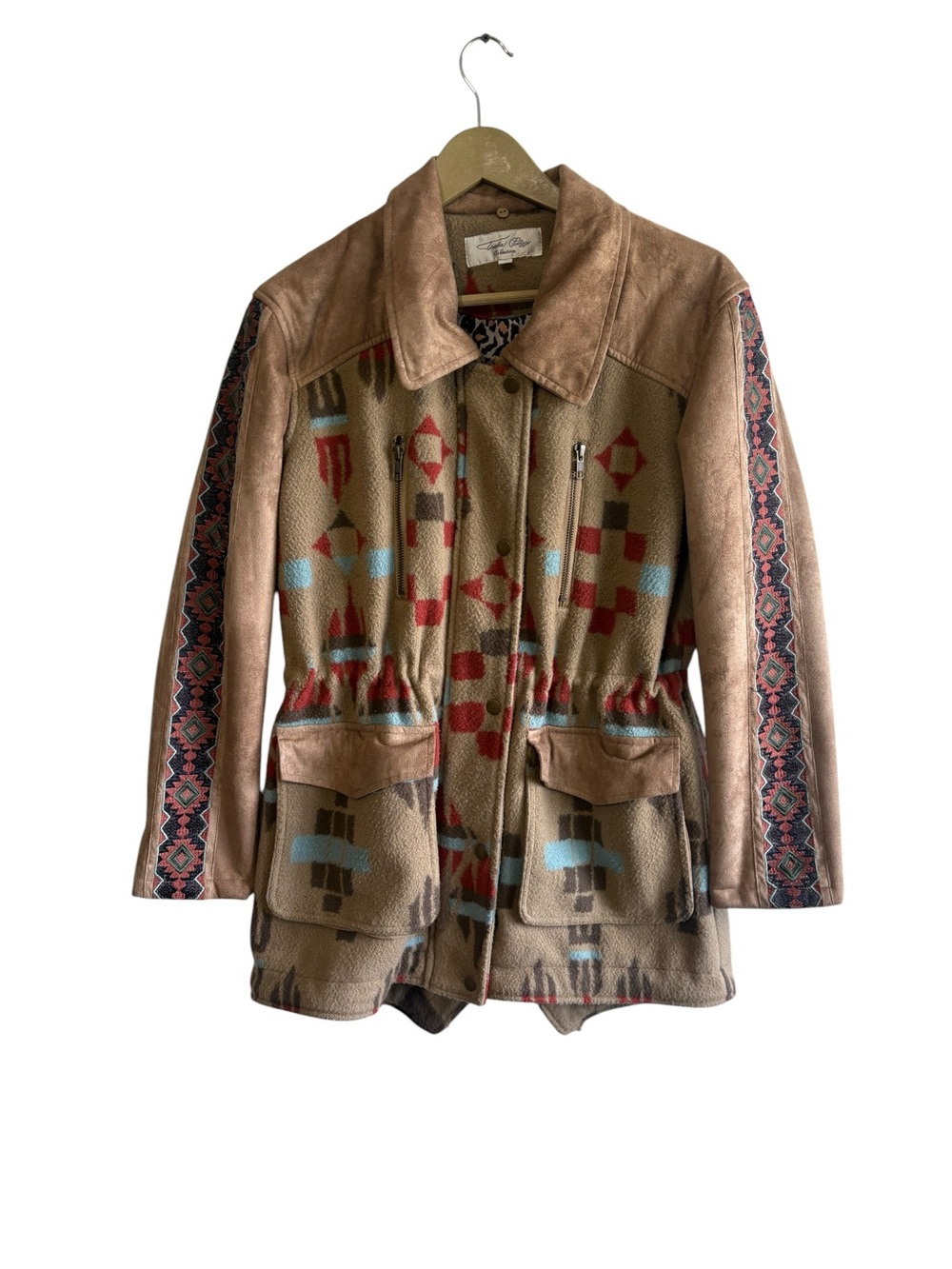 Tasha Polizzi Size Medium Tan Aztec Southwestern Print Faux Fur Suede Jacket